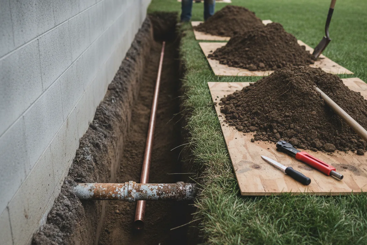 Excavated water line trench during Water Softener Installation in Assawoman